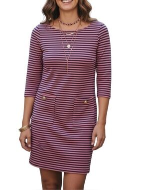 Lilly Pulitzer Charlene Shift Dress Coral Navy Striped Size XS Faux Pockets